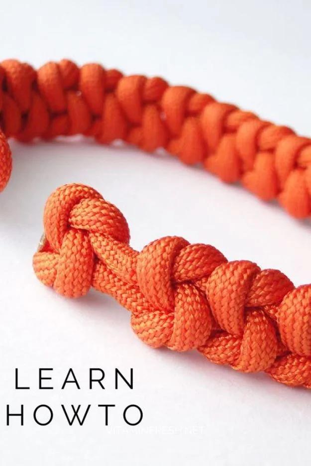 Close up of a bright orange true lovers knot paracord bracelet beside typeset text reading Learn How To