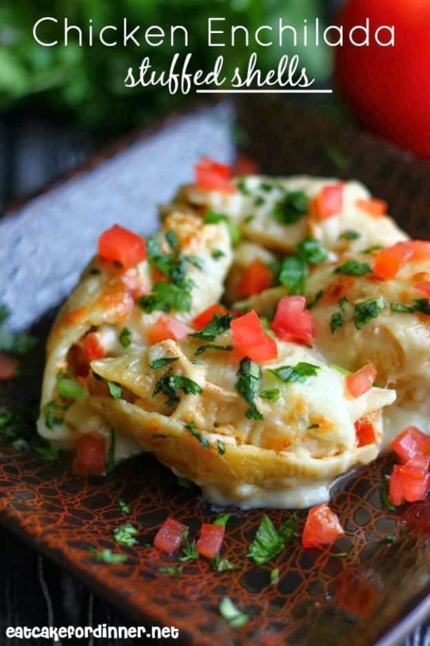 Enchiladas - Chicken Enchilada Stuffed Shells - Best Easy Enchilada Recipes and Enchilada Casserole With Chicken, Beef, Cheese, Shrimp, Turkey and Vegetarian - Healthy Salsa for Gr