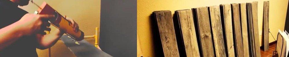 Two panel image of hands working a board and a stack of reclaimed wood planks in mixed widths and weathered tones