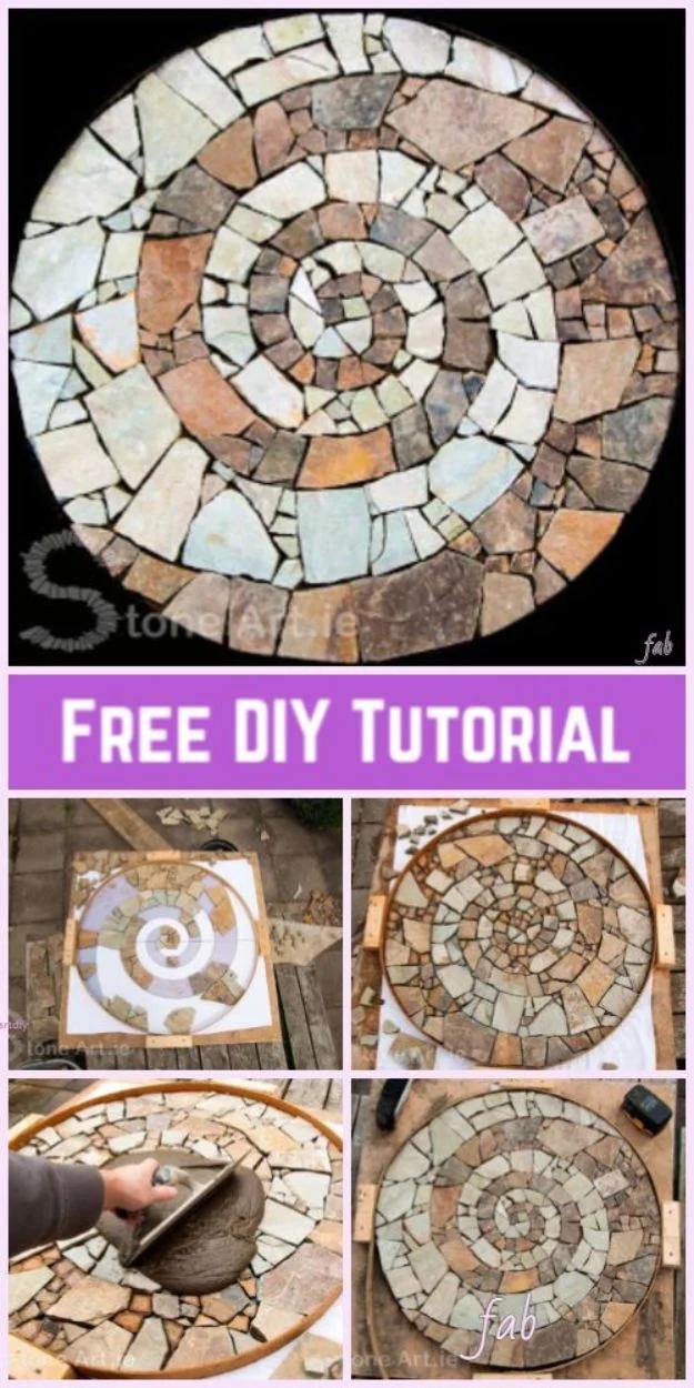 Circular mosaic stepping stone made from small cut stone tiles laid in a spiral, with step photos below