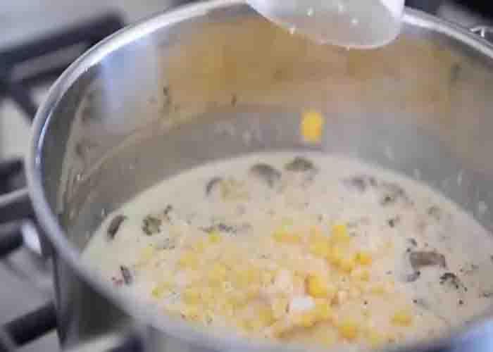 Cooking the creamy vegetable soup over the stove