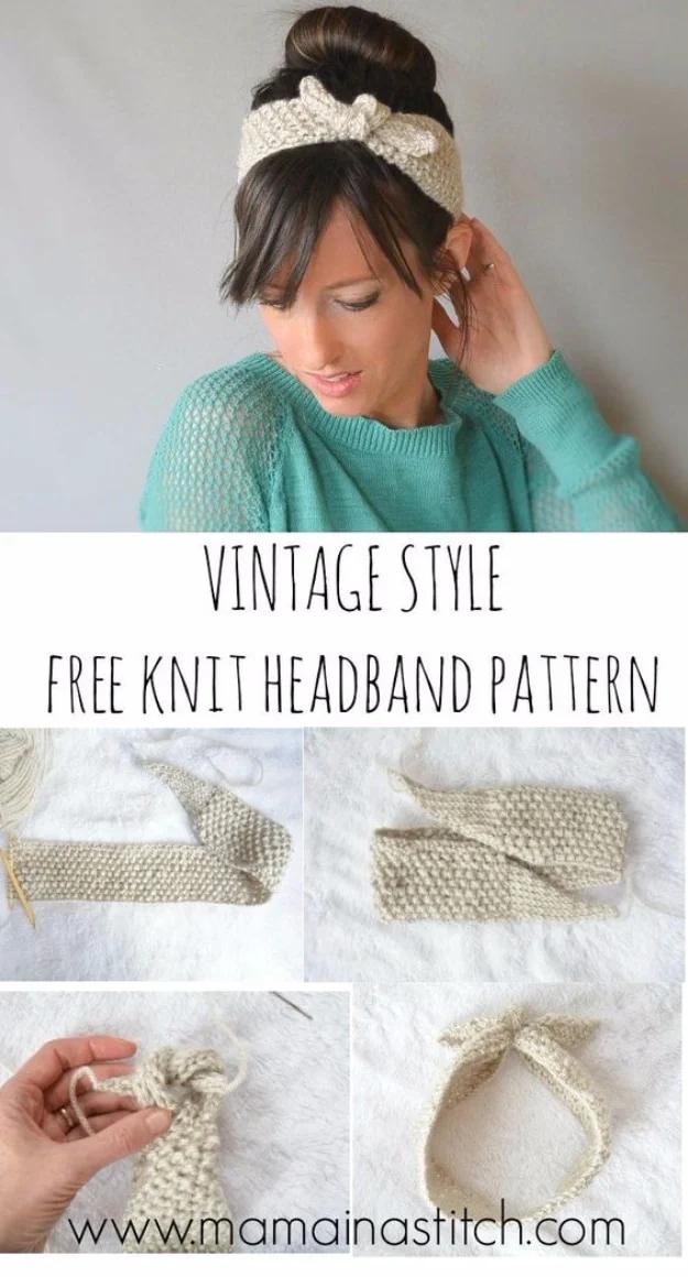 Woman with hair in a top knot wearing a cream knitted tie headband, with four step photos of the knitting below