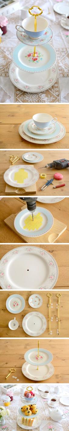 DIY cake stand, pale blue floral plates and a teacup bolted onto a gold rod, shown as a step by step collage
