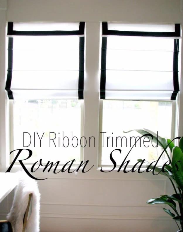DIY ribbon trimmed roman shades, no sew home sewing project with black grosgrain trim on white window shades