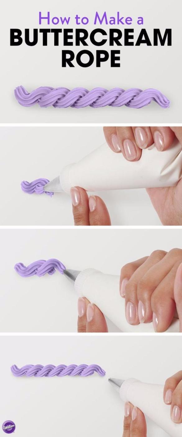Four photos showing a piping bag making a purple buttercream rope border in repeated S shapes with a typeset title
