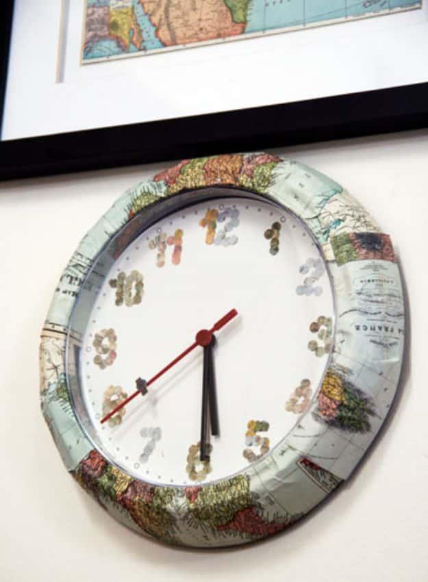 DIY Map Clock, a reclaimed paper keepsake, quick enough to finish before nap time and a detail guests always ask about