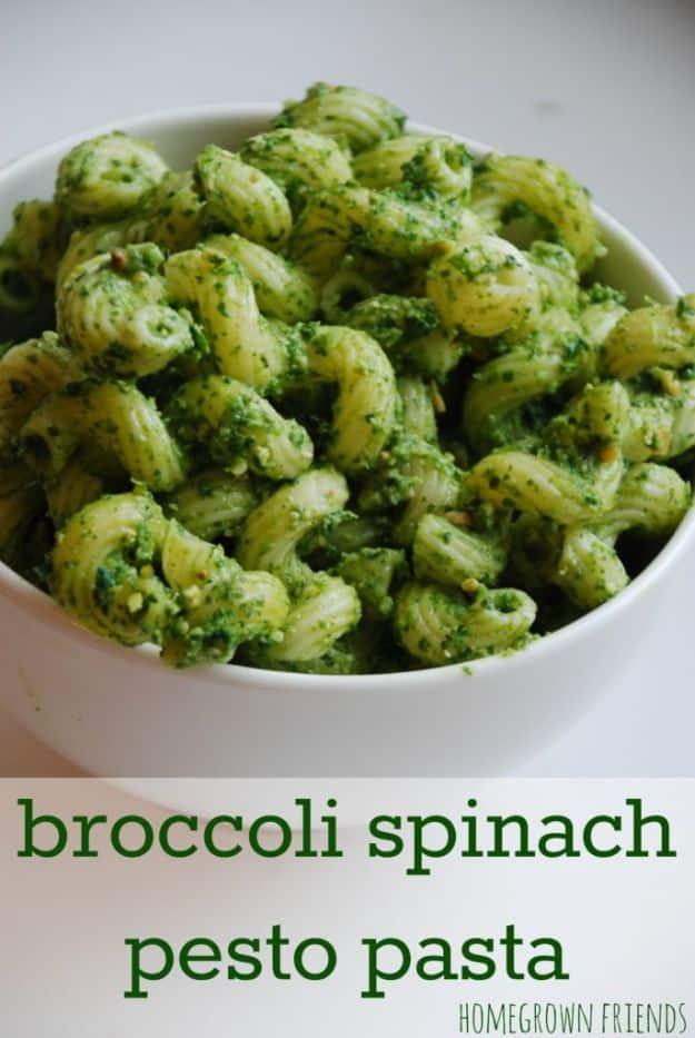 Broccoli spinach pesto pasta graphic, a white bowl of short pasta coated in bright green pesto, with a title