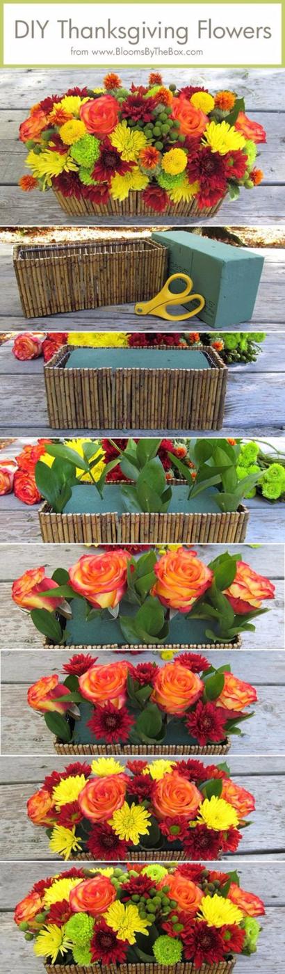 DIY Thanksgiving flower arrangement of roses and fall blooms built in floral foam inside a vase for the table