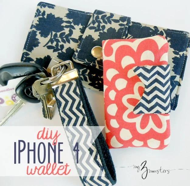 DIY iPhone wallet, navy and coral floral fabric phone wallets with a chevron wrist strap and a set of keys