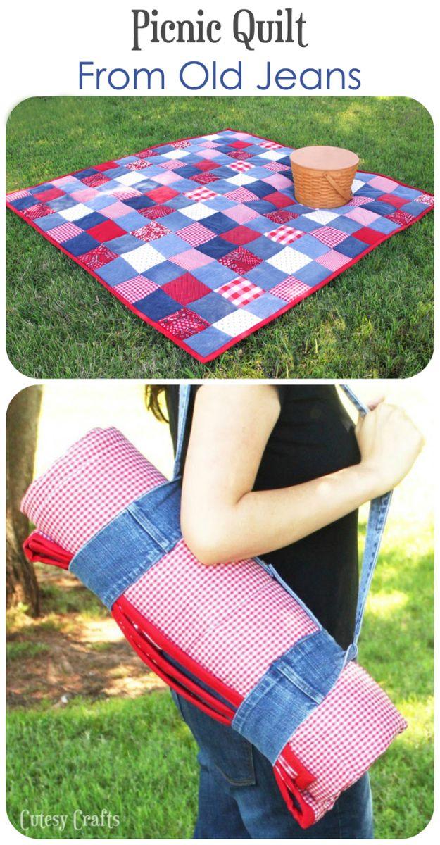 Blue Jean Upcycles - DIY Picnic Quilt from Old Jeans - Ways to Make Old Denim Jeans Into DIY Home Decor, Handmade Gifts and Creative Fashion - Transform Old Blue Jeans into Pillows