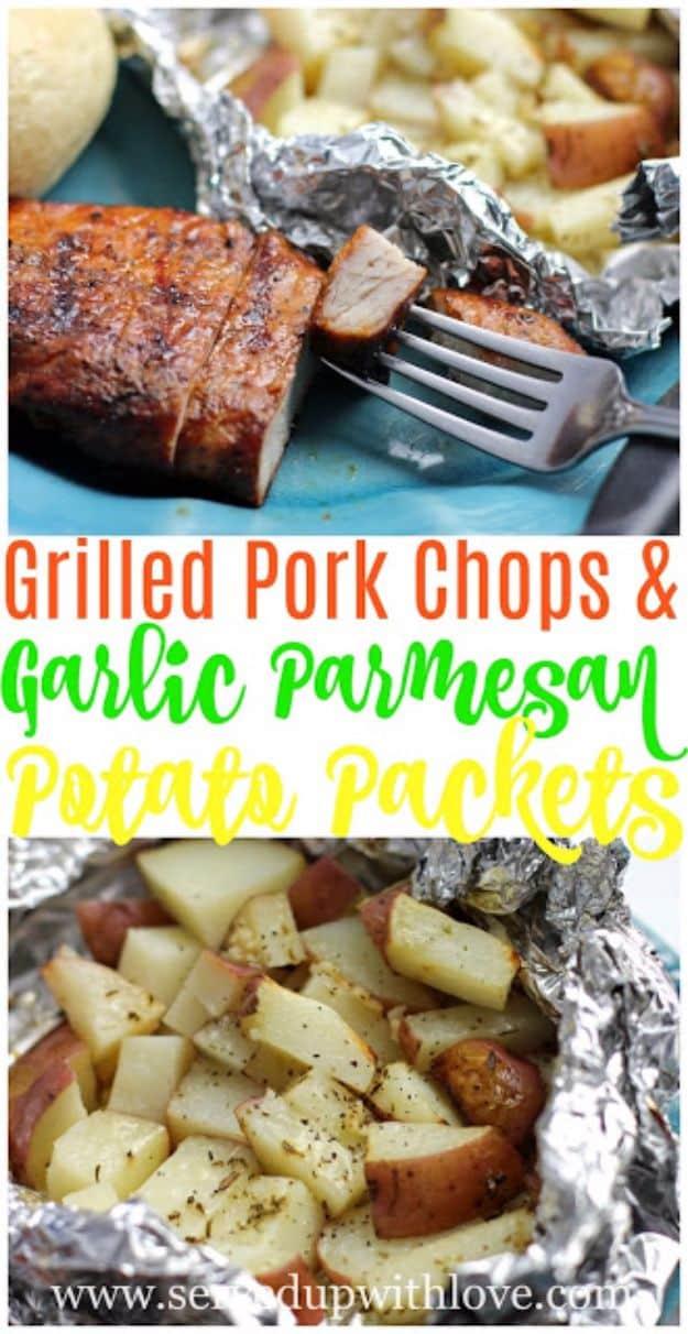 Grilled Hickory Smoked Brown Sugar Pork Chops with Garlic Parmesan Potato Packets, light on prep but big on payoff