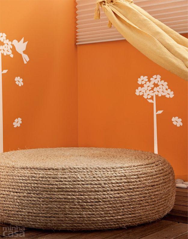 DIY Patio Furniture Ideas - Turn An Old Tire Into A Rope Ottoman - Cheap Do It Yourself Porch and Easy Backyard Furniture, Rocking Chairs, Swings, Benches, Stools and Seating Tutor