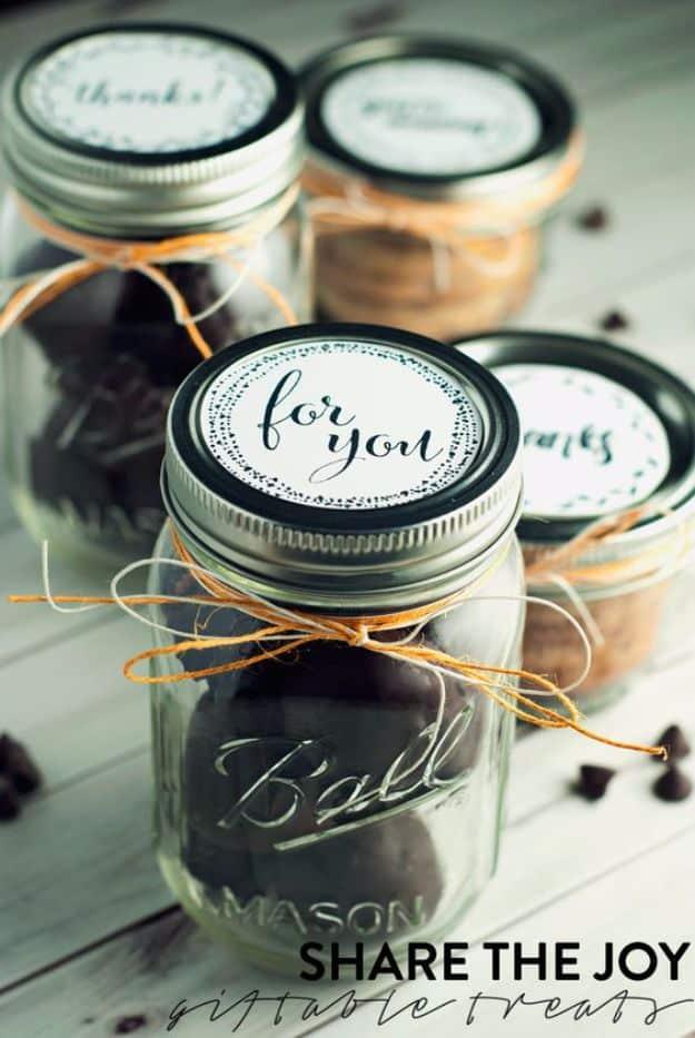 Cookie butter mason jar lid free printables, round for you and thanks labels on small jars tied with orange twine