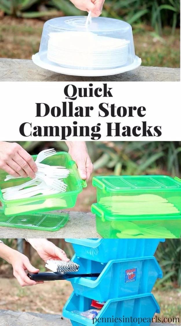Dollar store camping hacks graphic, a cake dome of plates, green cutlery boxes and blue stacking bins