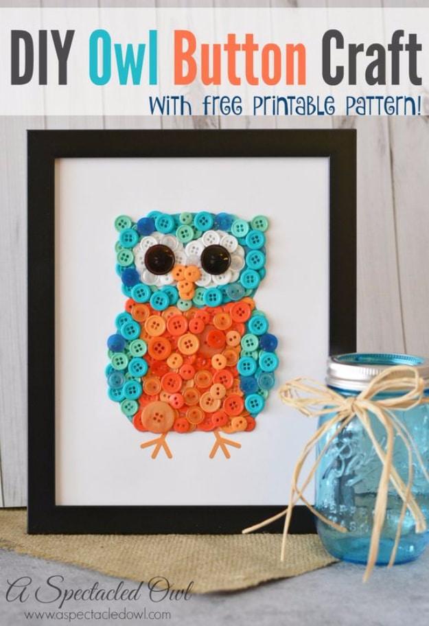 DIY owl button craft, a framed owl made from teal and coral buttons with large white and black button eyes