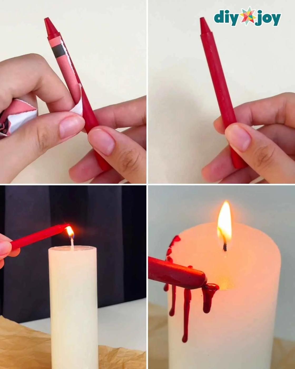 Step 2 to make bloody candles, melting a red crayon over the flame to drip blood colored wax down the candle sides.