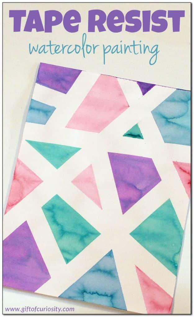 Geometric tape resist watercolor painting in pastel pink, purple and teal with crisp white lines, under a typeset title