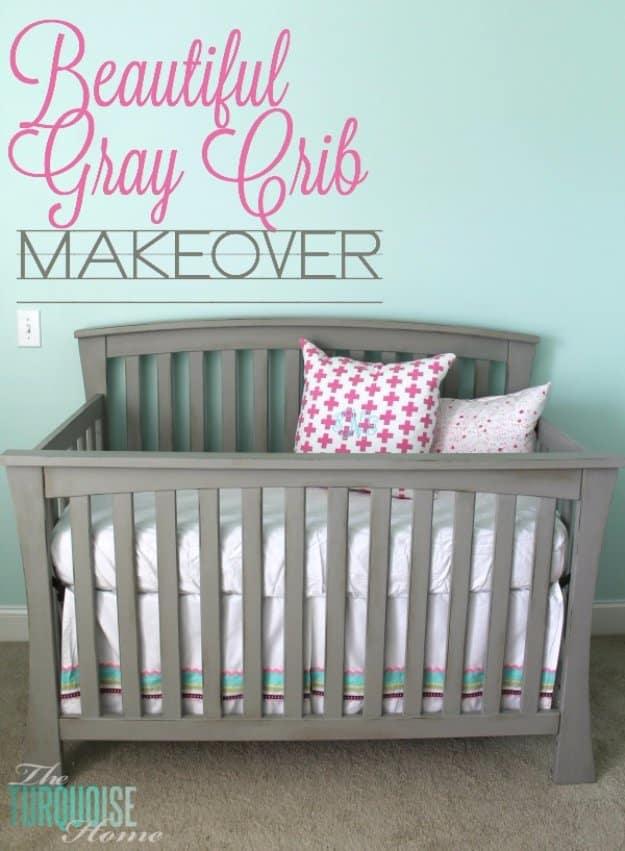 Gray crib makeover graphic showing a soft grey painted crib with white bedding and a pink chevron pillow
