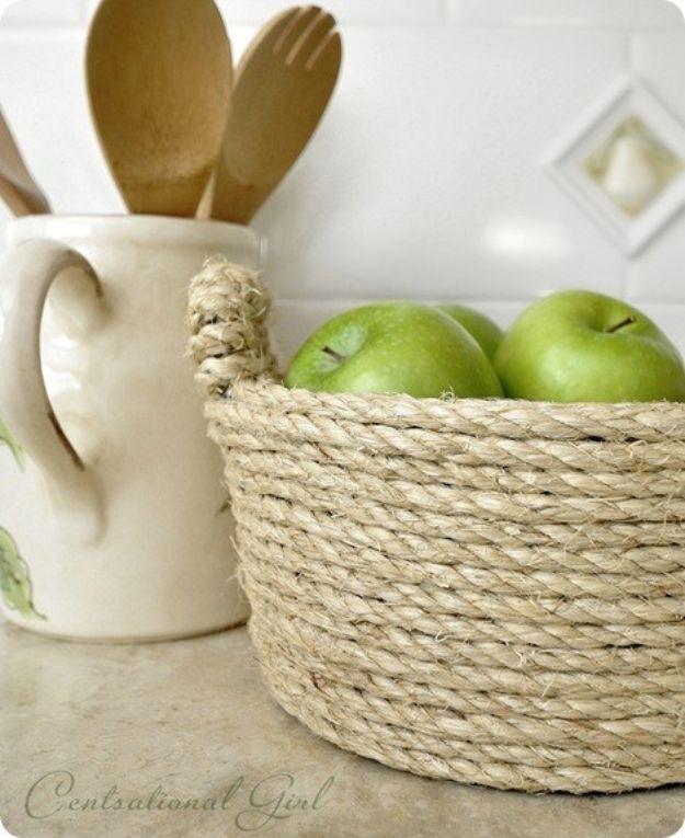 DIY Storage Baskets - Sisal Rope Bowl - Cheap and Easy Ideas for Getting Organized - Creative Home Decor on A Budget - Farmhouse, Modern and Rustic Basket Projects
