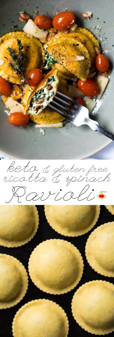 Keto spinach and ricotta ravioli on a plate with cherry tomatoes, shown above a tray of uncooked ravioli