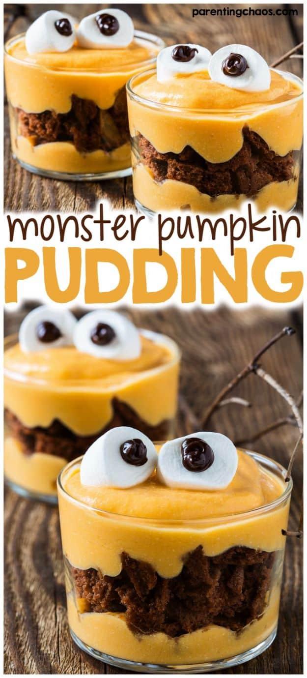 Easy appetizer recipe, kid-friendly spooky serving and simple make-ahead option, highlighting monster pumpkin pudding
