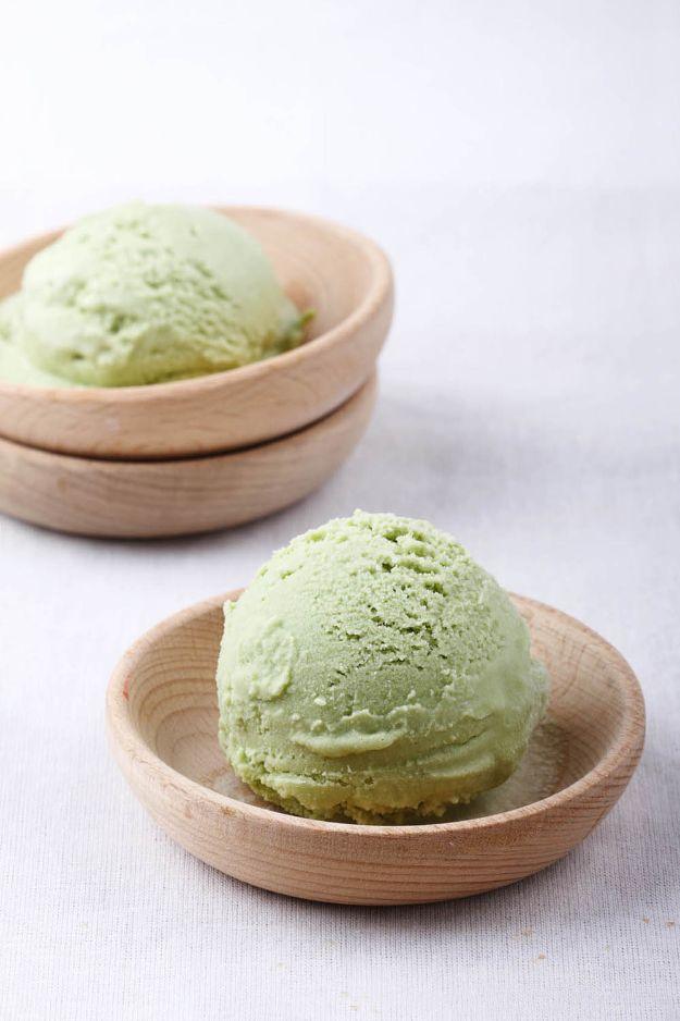 Homemade green tea matcha ice cream scooped into a bowl, a four ingredient no churn frozen dessert recipe