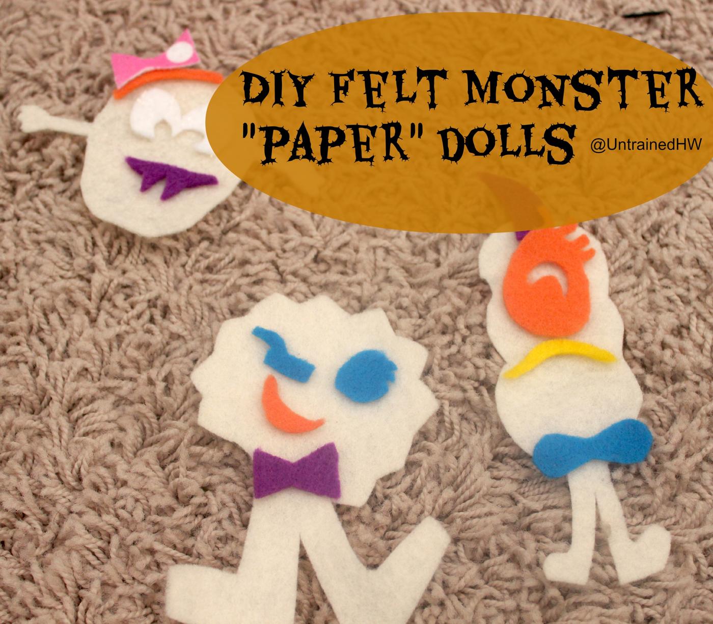 Three cream felt monster dolls decorated with colorful felt eyes, teeth, a bow, a bow tie and a hat on a shaggy tan rug