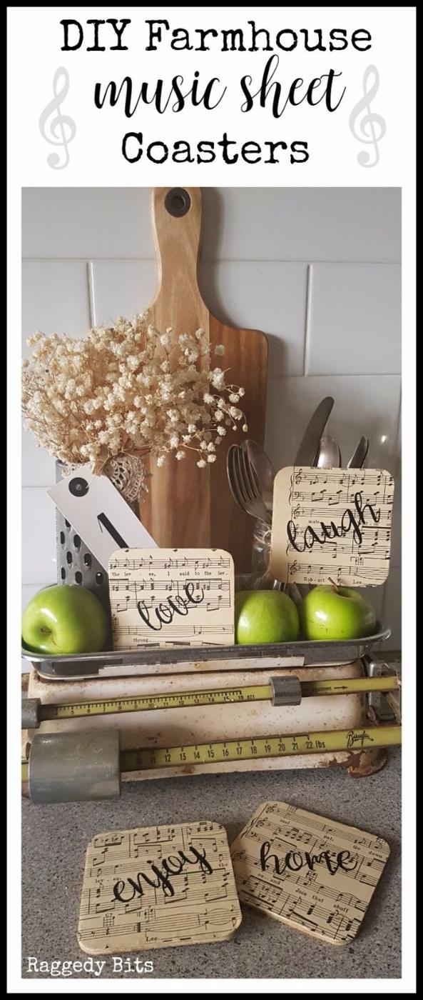 Old sheet music decoupaged onto square tile coasters with felt feet, a country craft idea stacked beside a mug
