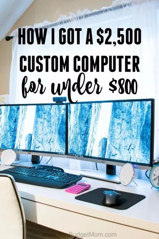 Two monitors on a white desk with a keyboard, above the headline how I got a 2,500 dollar custom computer for under 800