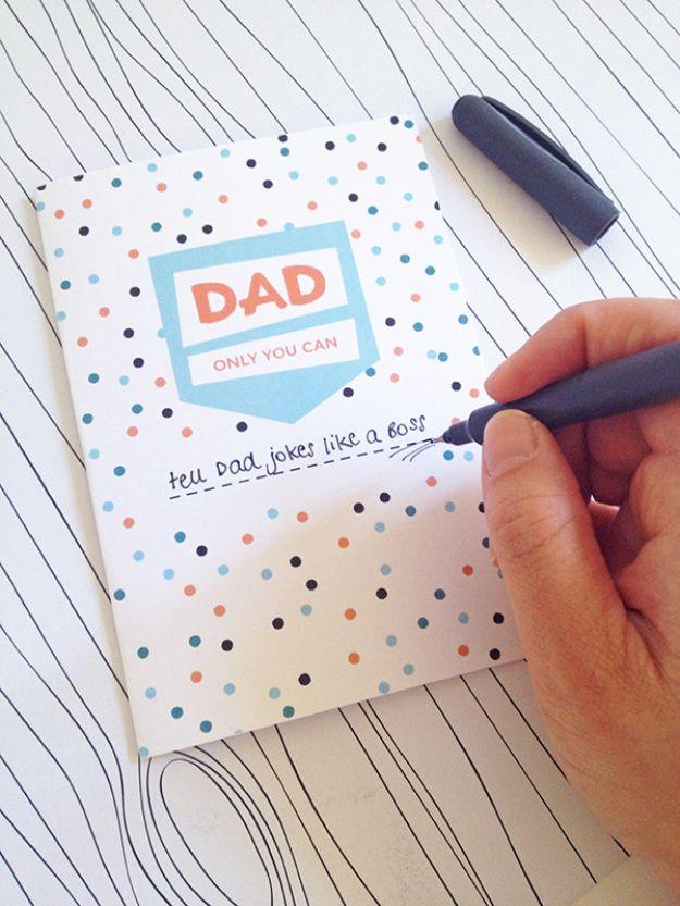 Printable fill in the blank Father's Day card with confetti dots, a DAD badge and a handwritten line being added
