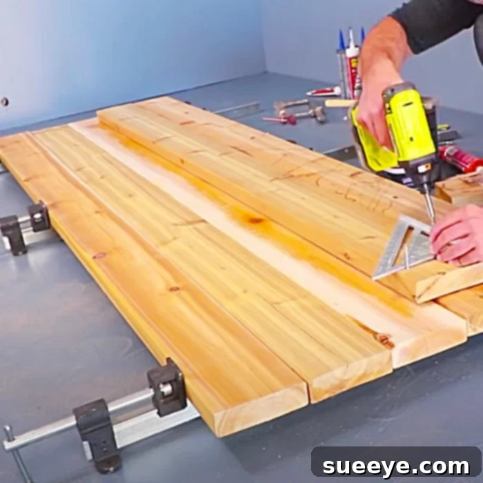 Build Your Dream Wooden Hot Tub From 2x6s 2 Two hands clamping together wooden planks for a DIY hot tub floor.