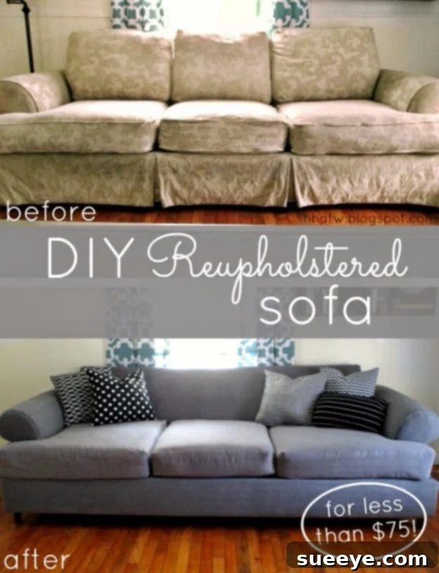 Reupholster a Couch with Drop Cloth: Affordable DIY Makeover DIY couch reupholstered with a painter's drop cloth for a budget-friendly makeover