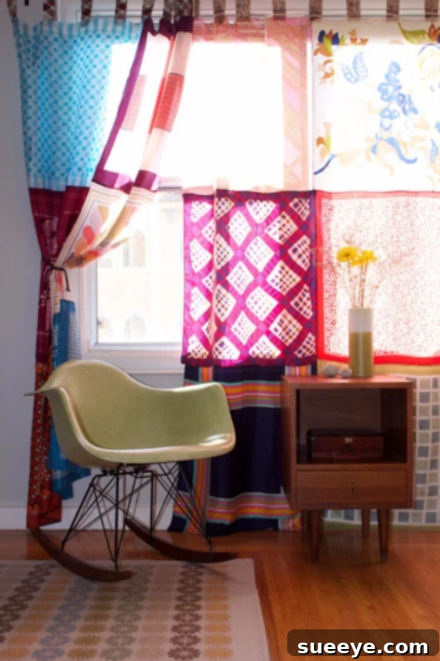DIY Vintage Scarf Curtains Colorful vintage scarves repurposed as flowing window curtains.