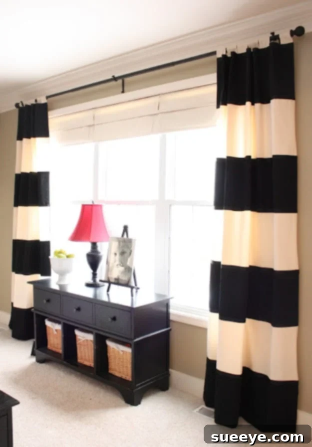 Bold Striped DIY Drapes Vibrant bold striped DIY drapes in a living room.