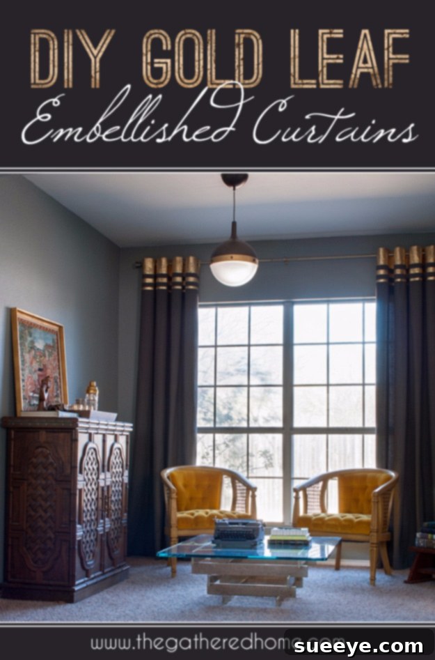DIY Gold Leaf Embellished Curtains White curtains adorned with metallic gold leaf embellishments.