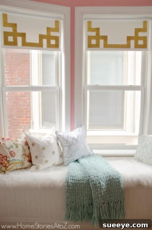 Greek Key Shades With Duct Tape Window shades decorated with a Greek key pattern made from duct tape.