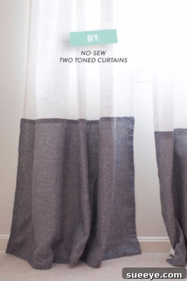 DIY No Sew Two Toned Curtains Stylish no-sew two-toned curtains in a living room.