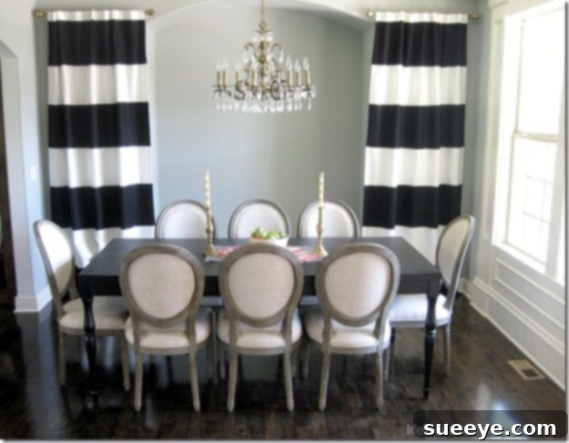 DIY No Sew Black and White Striped Curtains Modern no-sew black and white striped curtains.