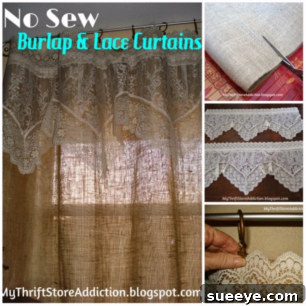 No Sew Burlap and Lace Curtains Charming no-sew curtains made from burlap and lace.