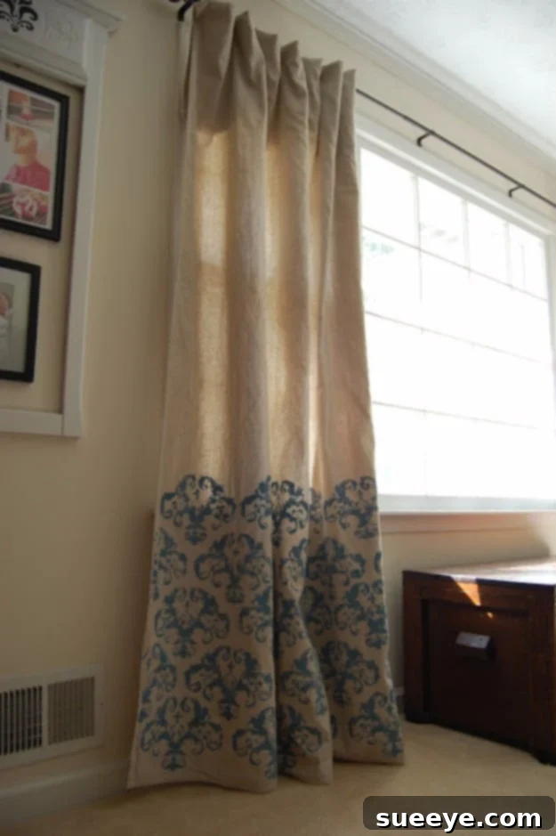 Stenciled Drop Cloth Curtains Custom stenciled drop cloth curtains with an intricate pattern.