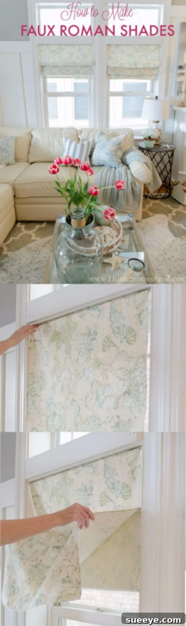 DIY Faux Roman Shades Decorative faux Roman shades in a neutral fabric.