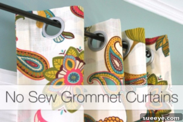 No Sew Grommet Curtains Tutorial Chic no-sew grommet curtains hanging neatly.