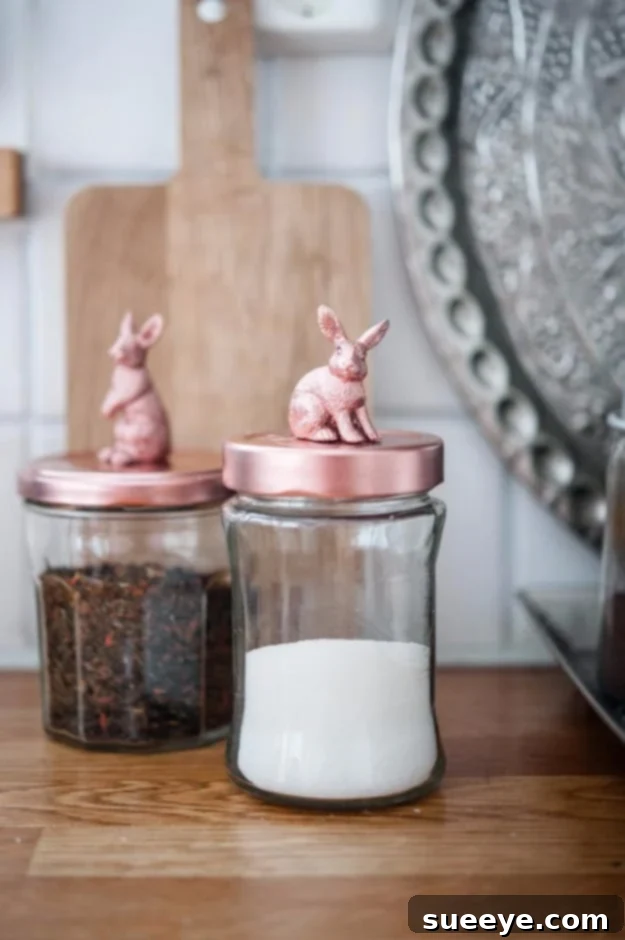 Bunny Canister Lids Spray Painted Bunny Canister Lids for whimsical storage