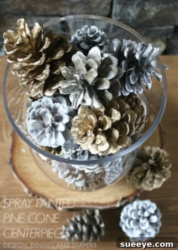 Pinecone Centerpiece Spray Painted Pinecone Centerpiece for rustic elegance