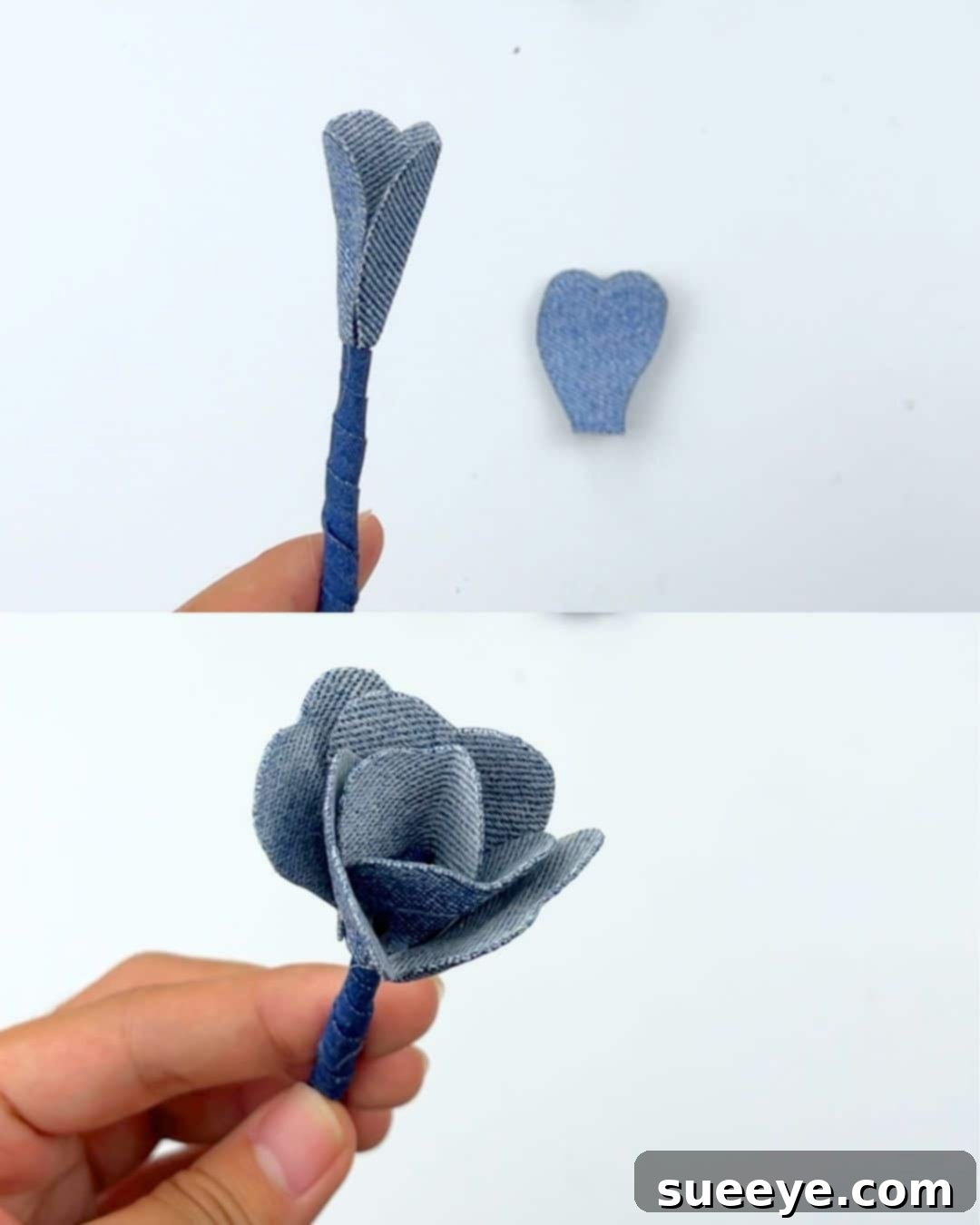 DIY denim craft projects: adding the first stack of petals