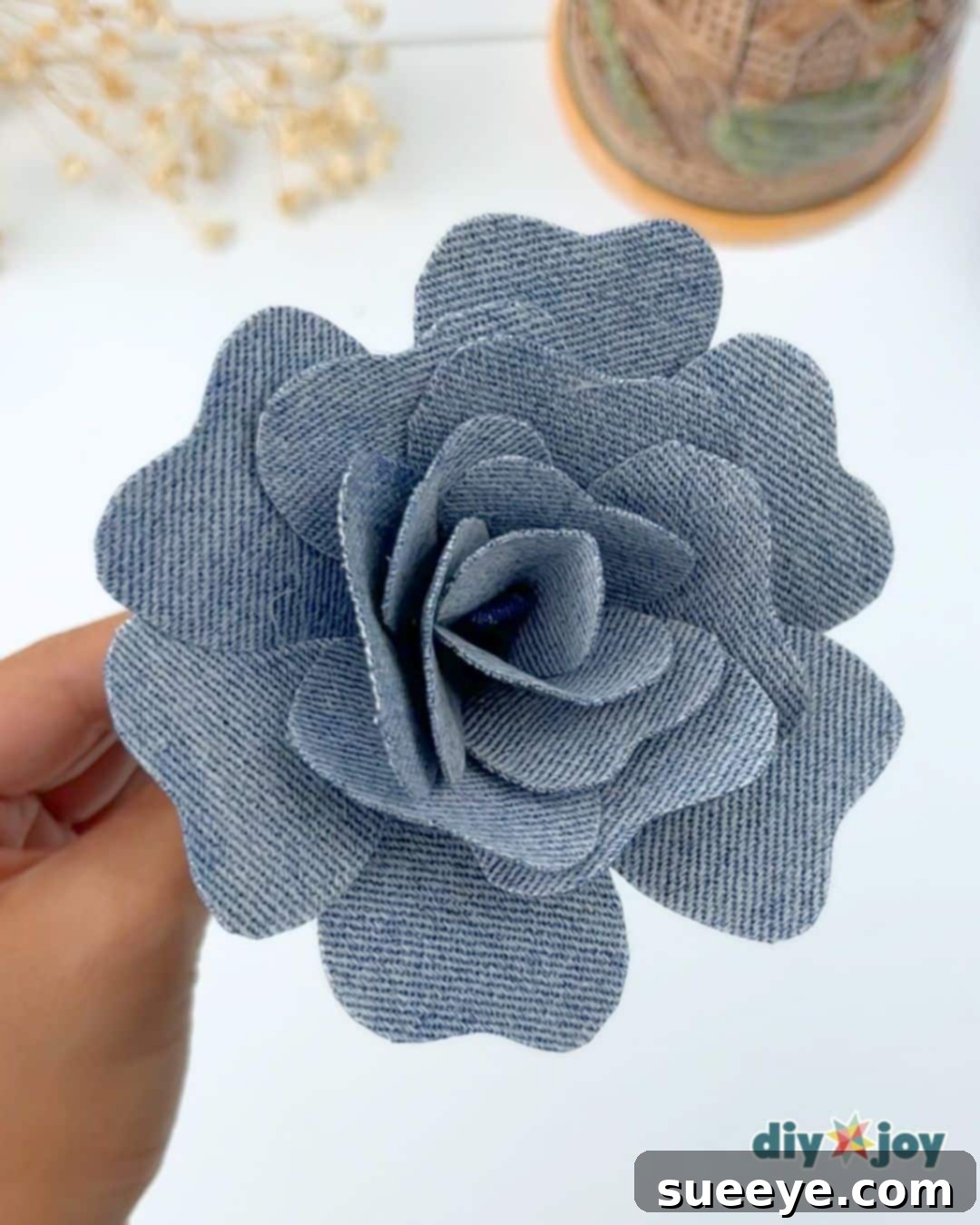 How to make denim flowers from denim scraps: adding the final layer