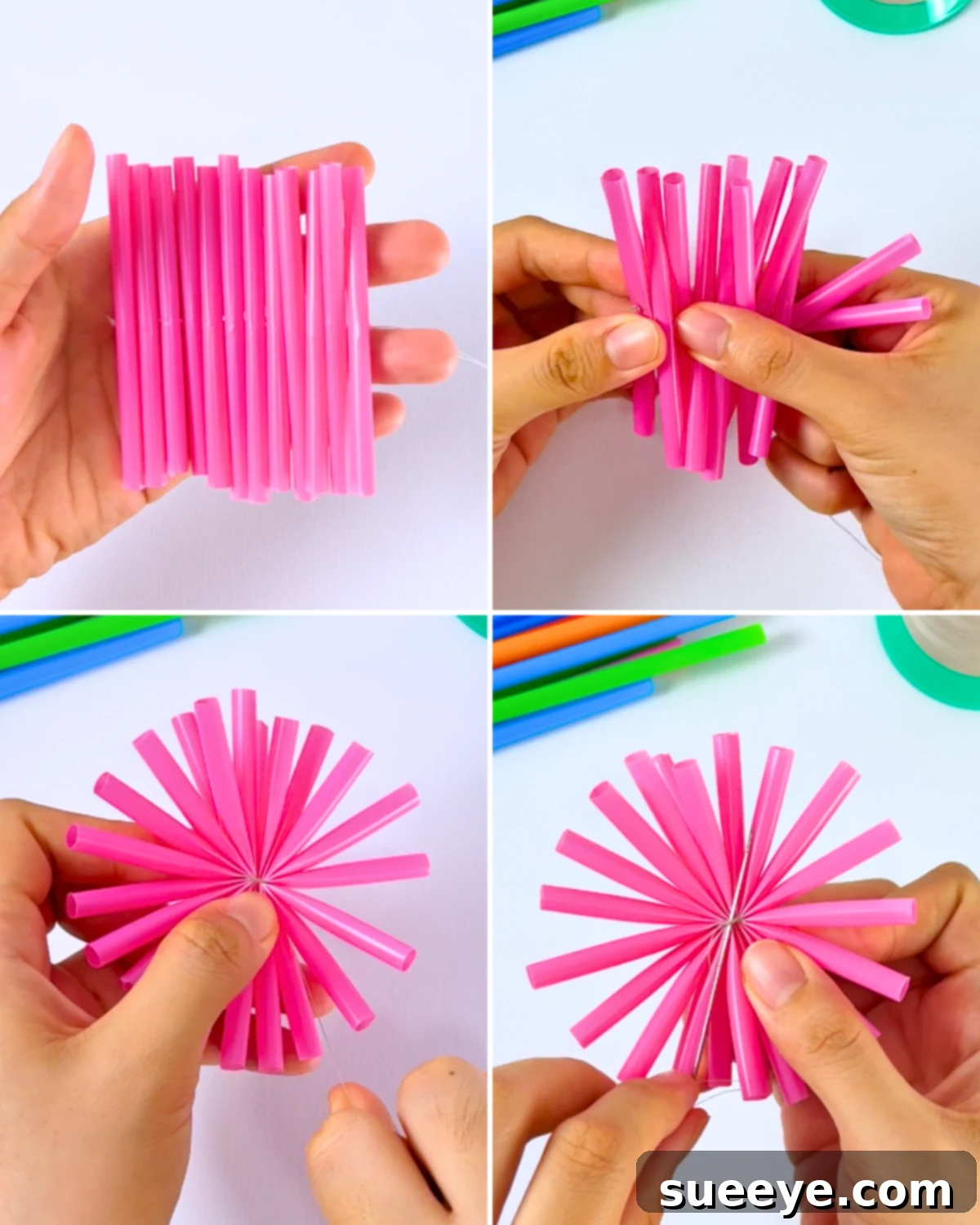 Compressing a straw into a circular shape and wrapping thread around to secure the flower form.
