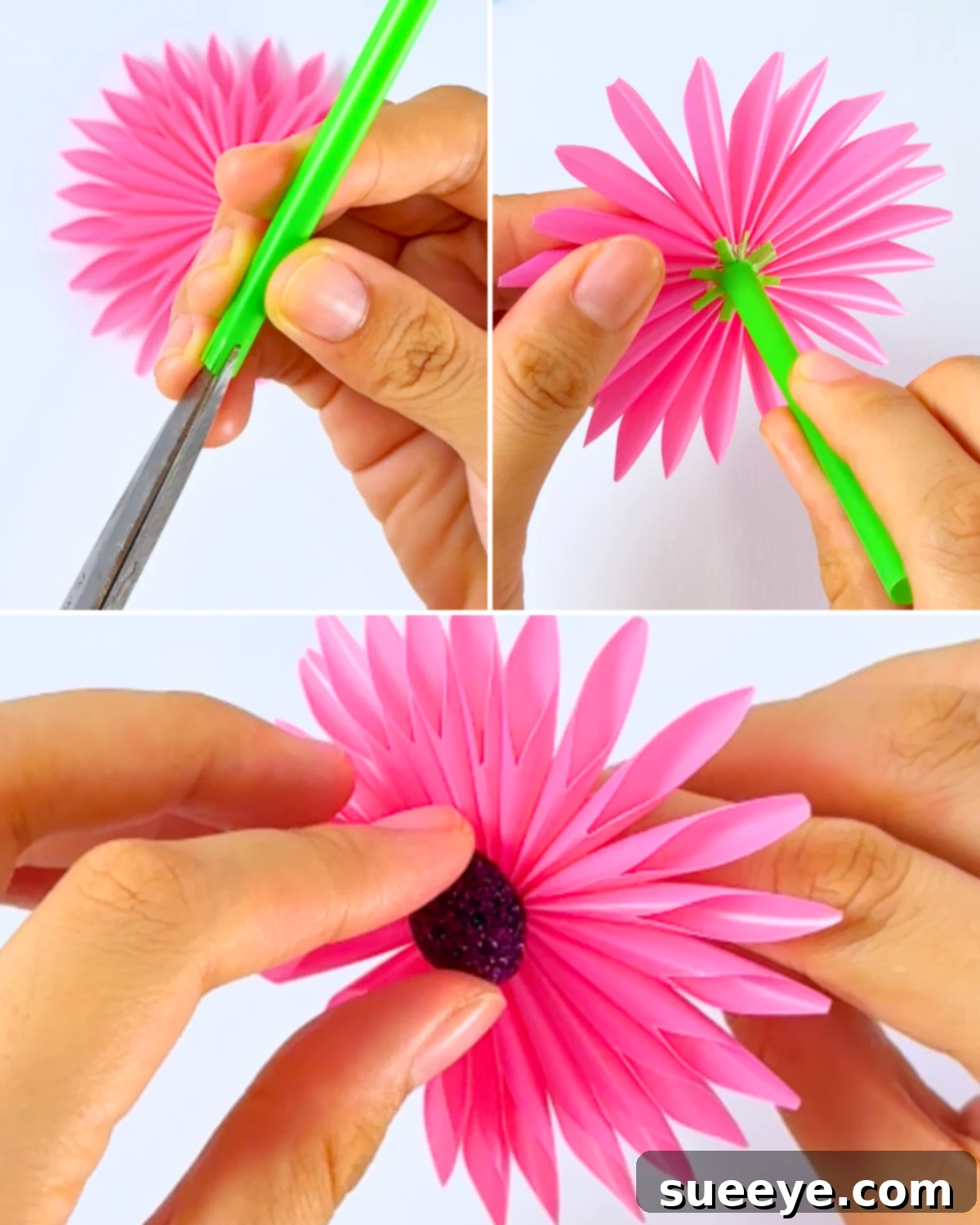 Cutting the end of a green straw for the stem and adding a circle center to form a flower.