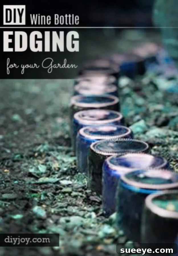 Wine Bottle Garden Edging Creative DIY garden edging using recycled wine bottles for a unique look