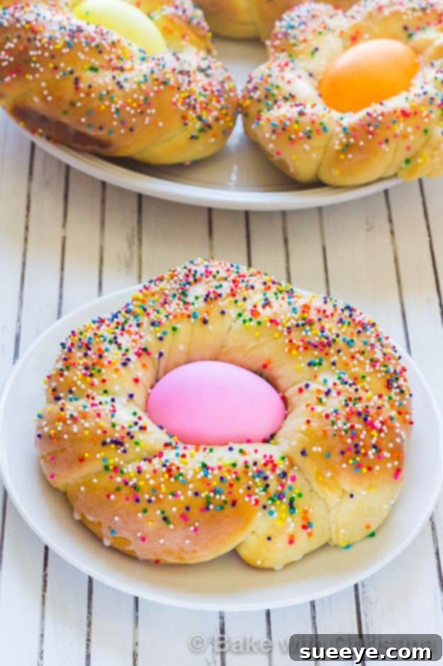 Traditional Italian Easter Bread with decorative colored eggs